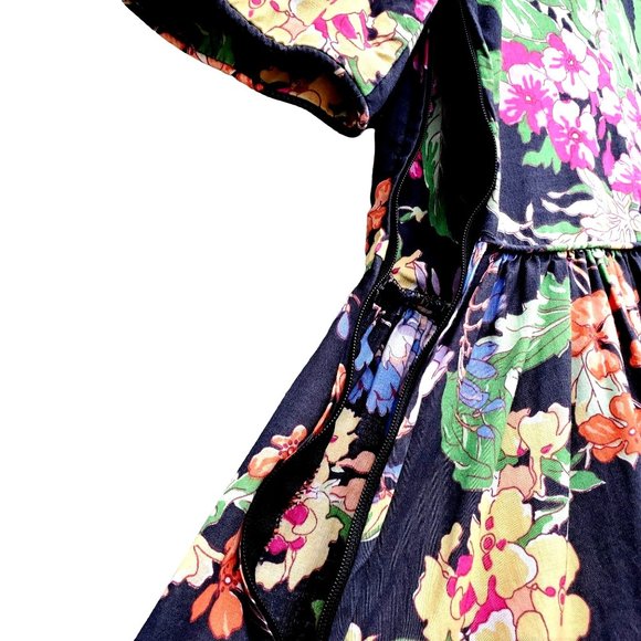 Vintage Laura Ashley Dress M Midi 80s 90s Black Cotton Big Print Floral - Picture 9 of 10